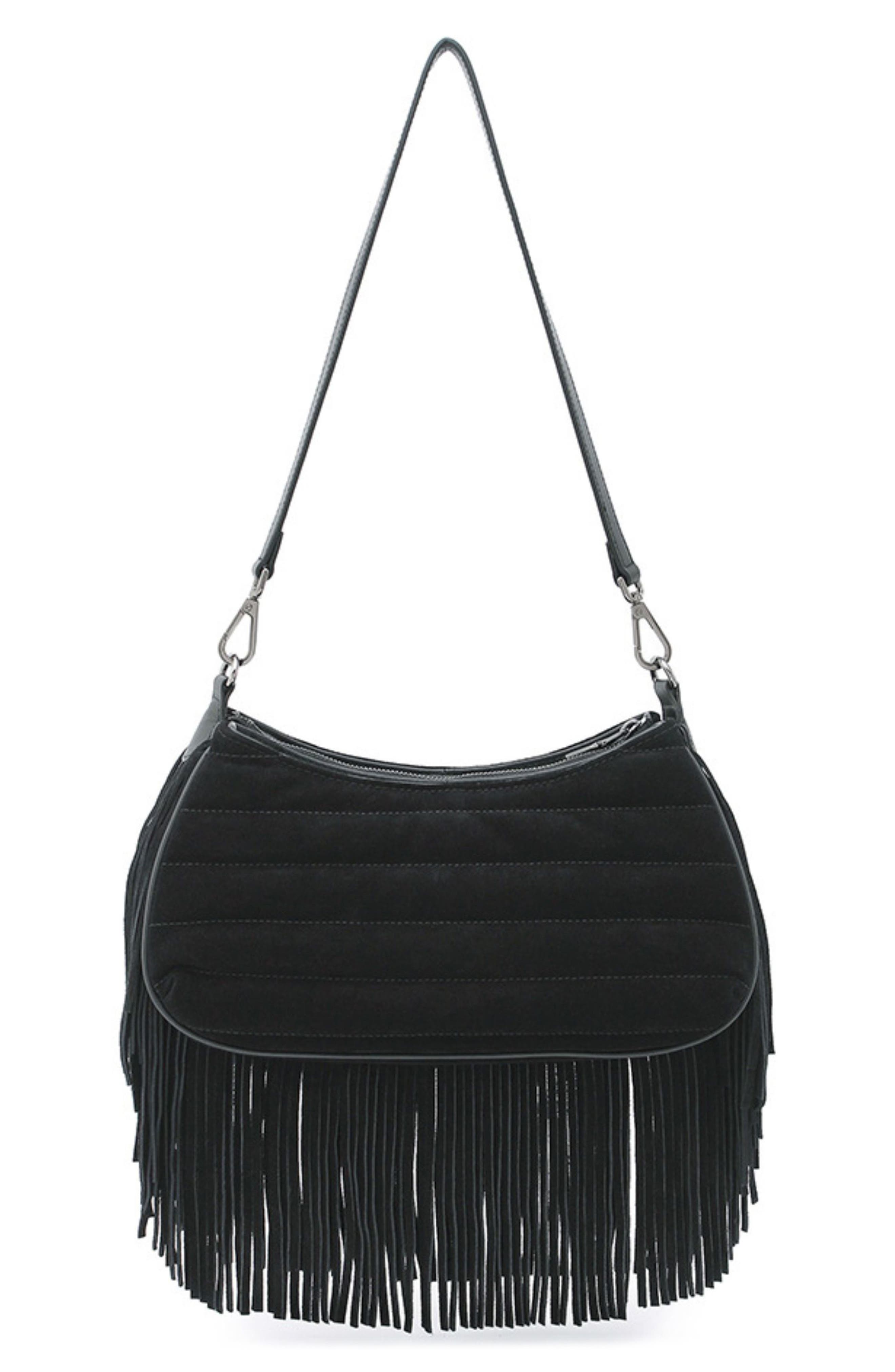 Maverick Fringe Leather Crossbody Bag, Alternate, color, BLACK SUEDE