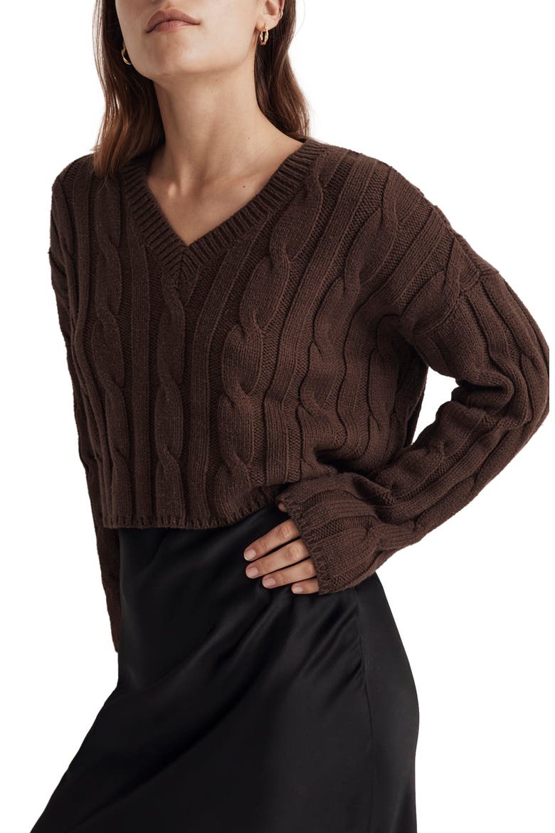 Cable Knit V-Neck Crop Sweater, Main, color, DARK COFFEE