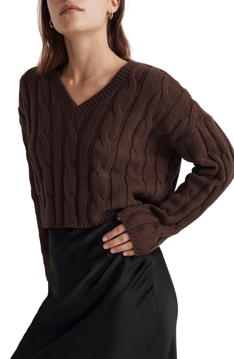 Madewell Cable Knit V-Neck Crop Sweater, Main, color,