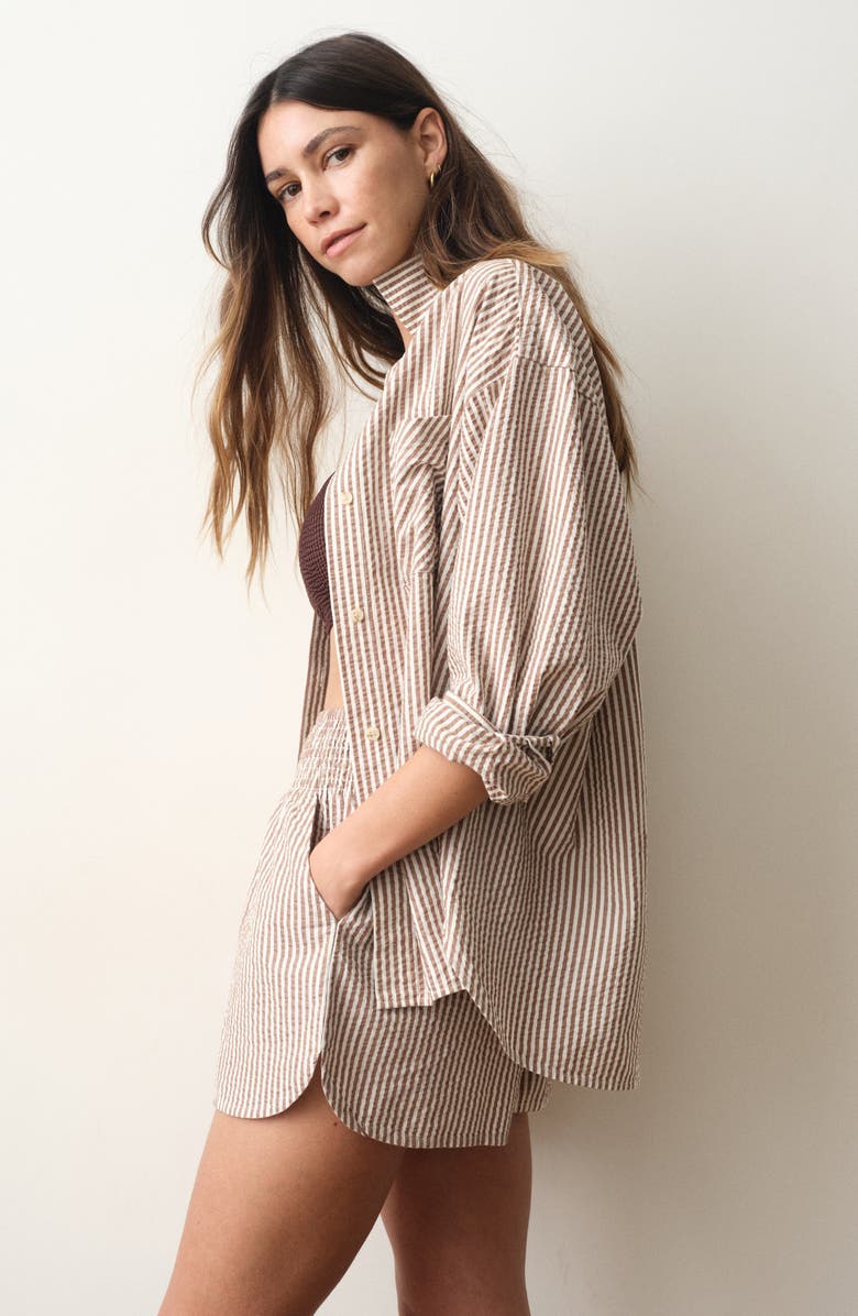 Marine Layer Isla Stripe Cotton & Kapok Seersucker Shorts, Alternate, color, Mocha Stripe