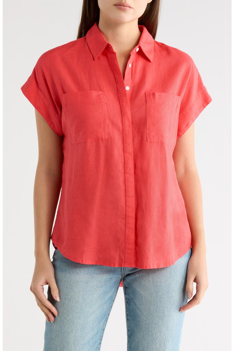 Double Pocket Linen Blend Camp Shirt, Main, color, RED GERANIUM