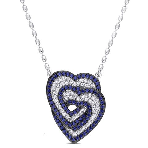 Created Blue & White Sapphire Interlocking Heart Necklace