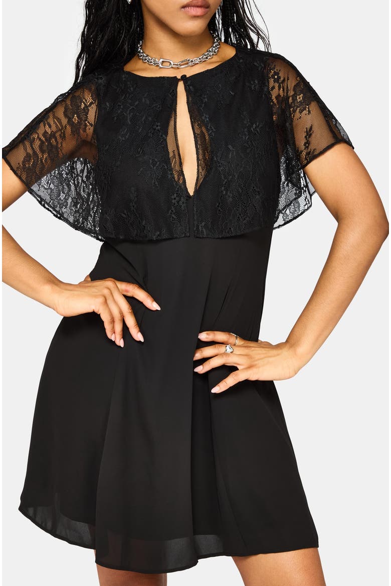 Yasmine Lace Cape Keyhole Mini Dress, Alternate, color, Black