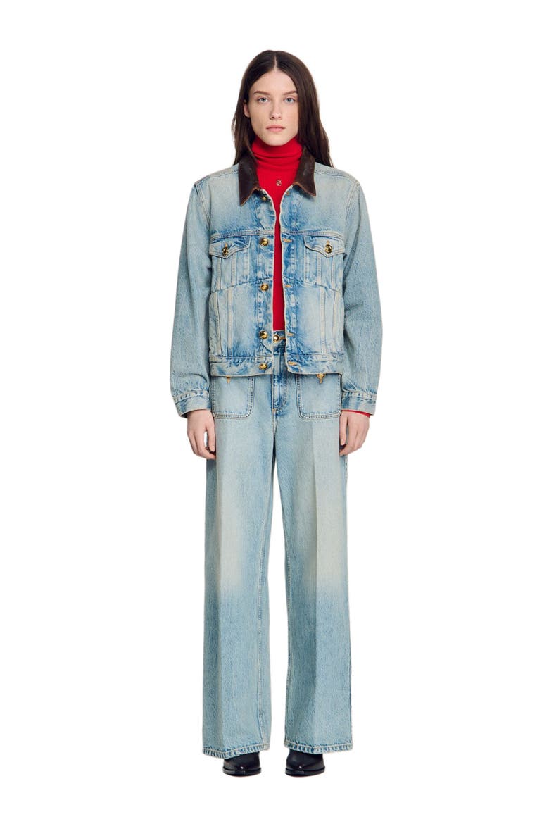 Denim jacket with leather collar, Alternate, color, Blue jean