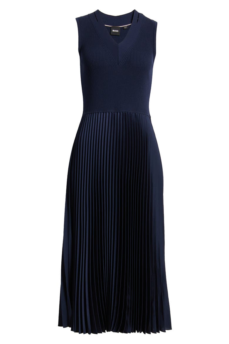 Farrah Slit Shoulder Mixed Media Midi Dress, Alternate, color, CLEAN NAVY