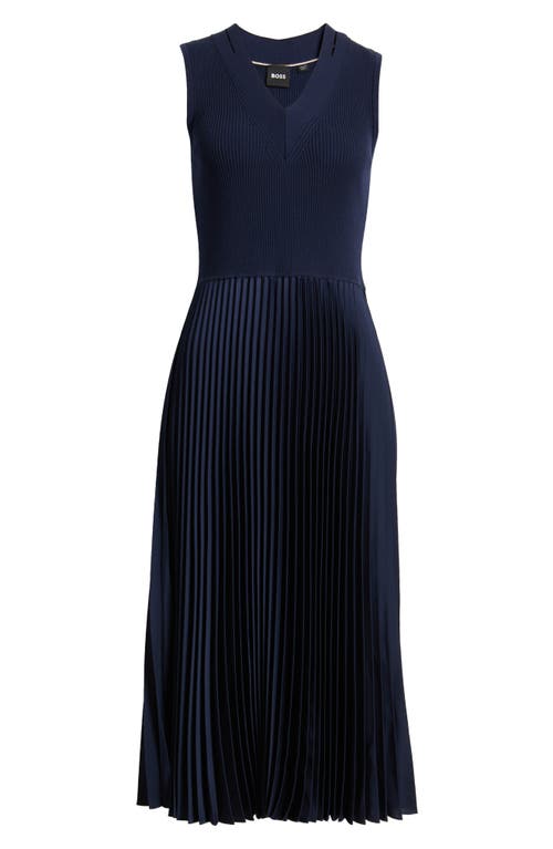 HUGO BOSS BOSS FARRAH SLIT SHOULDER MIXED MEDIA MIDI DRESS 