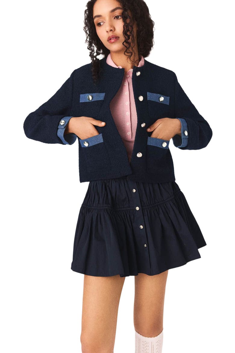 Tweed jacket with denim trim, Main, color, Navy