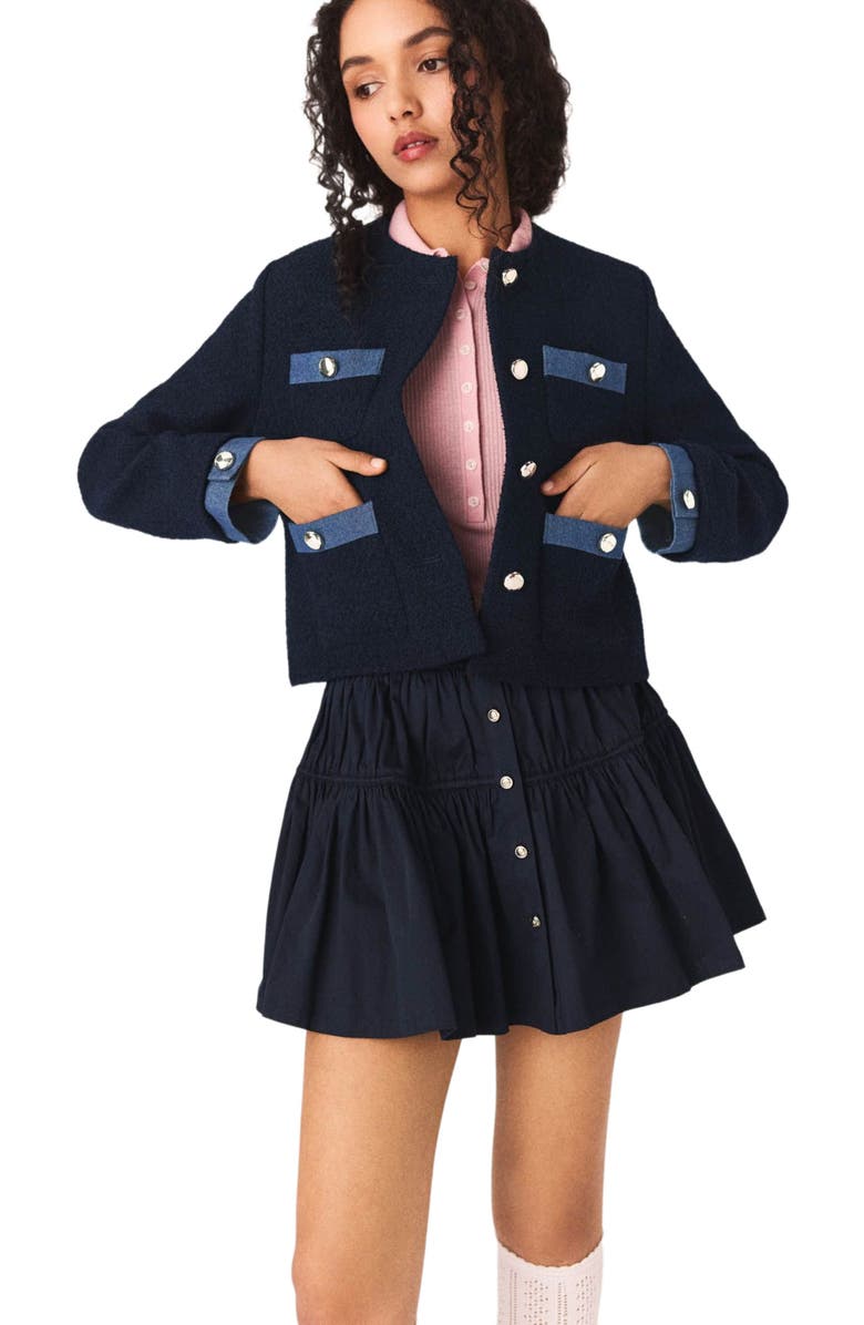maje Tweed jacket with denim trim, Main, color, Navy
