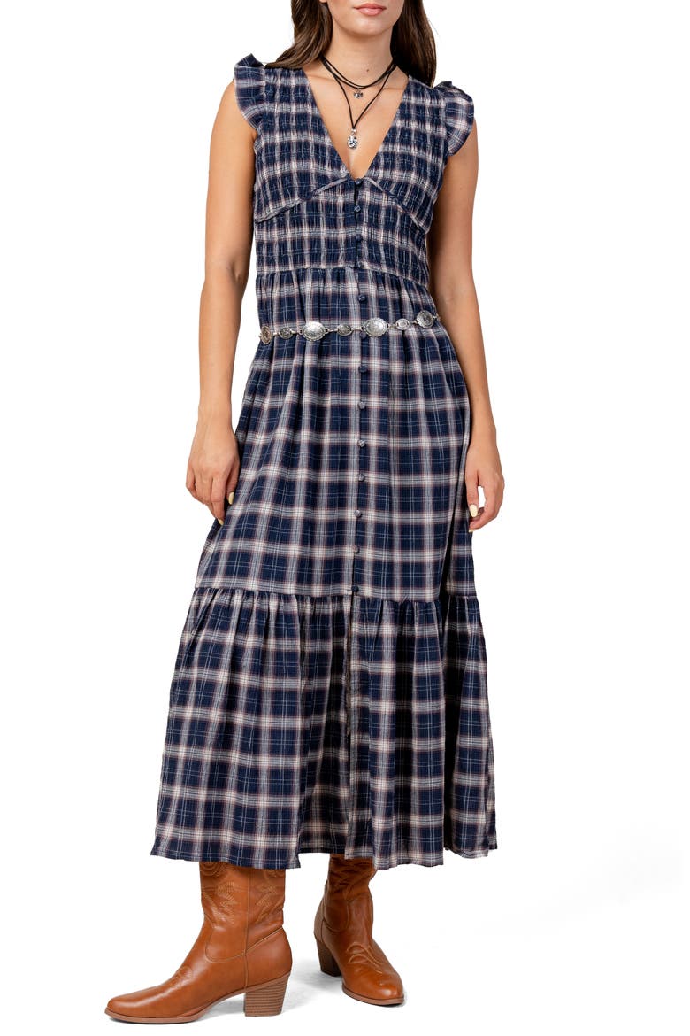 Plaid Smocked Bodice Cotton Midi Dress, Main, color, NAVY