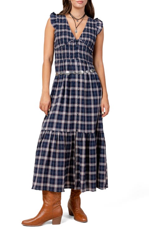 Plaid Smocked Bodice Cotton Midi Dress
