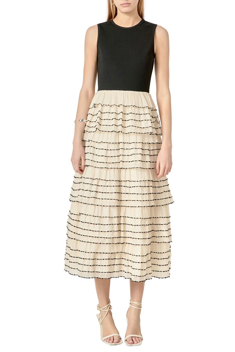 Mixed Media Tiered Ruffle Dress, Main, color, TAN/IVORY