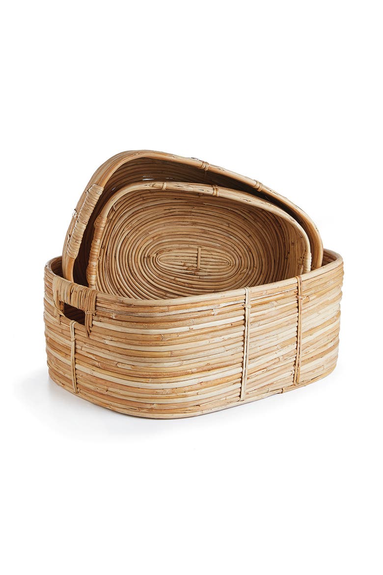 Cane Rattan Rectangular Baskets With Handles Set of 3, Main, color, Beige