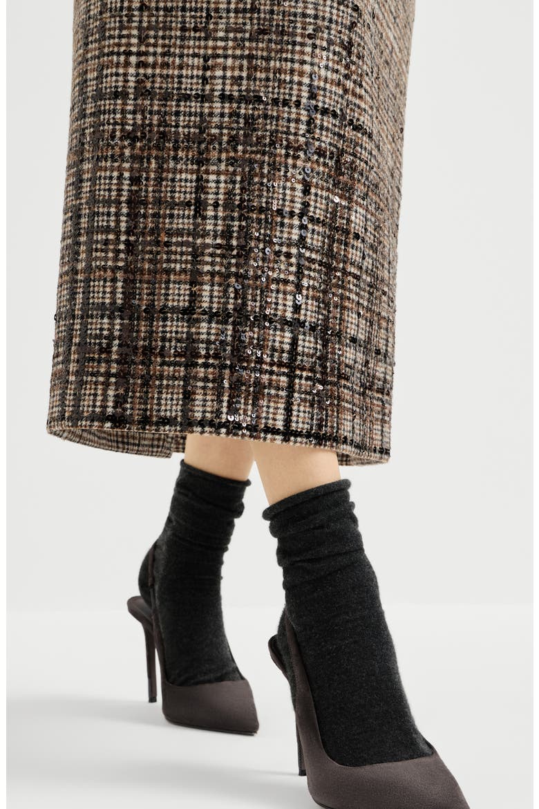 Checked alpaca and wool pencil skirt with dazzling degradé embroidery, Alternate, color, Brown