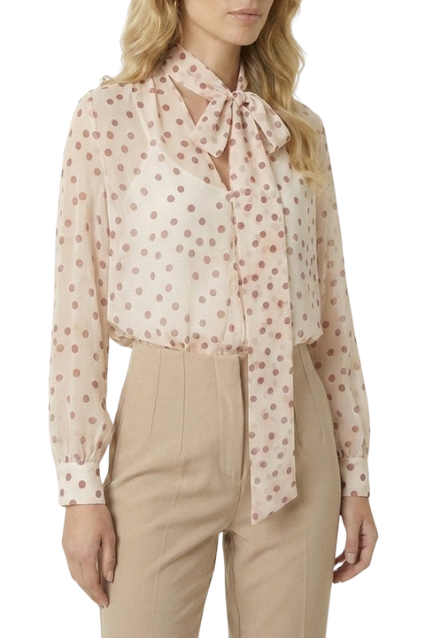 Summer Polka Dot Tie Neck Long Sleeve Blouse
