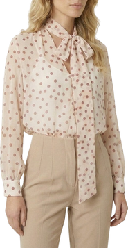 Modenaire Summer Polka Dot Tie Neck Long Sleeve Blouse