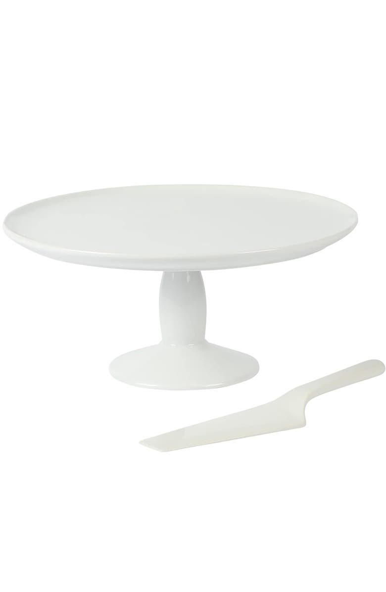 MARTHA STEWART 12in Fine Ceramic Round Cake Stand With Server, Alternate, color, White