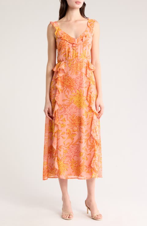 Peony Delight Sleeveless Ruffle Maxi Dress