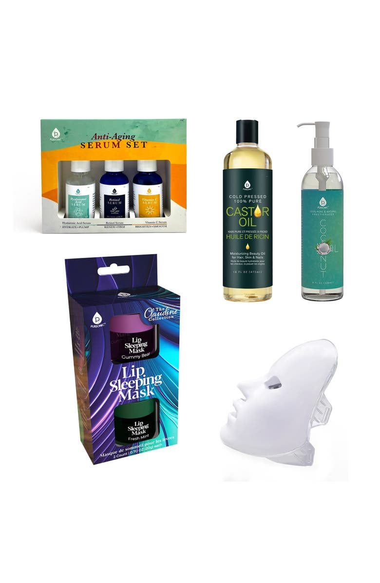 PURSONIC LED Therapy Mask, Serum Trio, and Castor & Fractionated Coconut Oils, Main, color, Multicolor