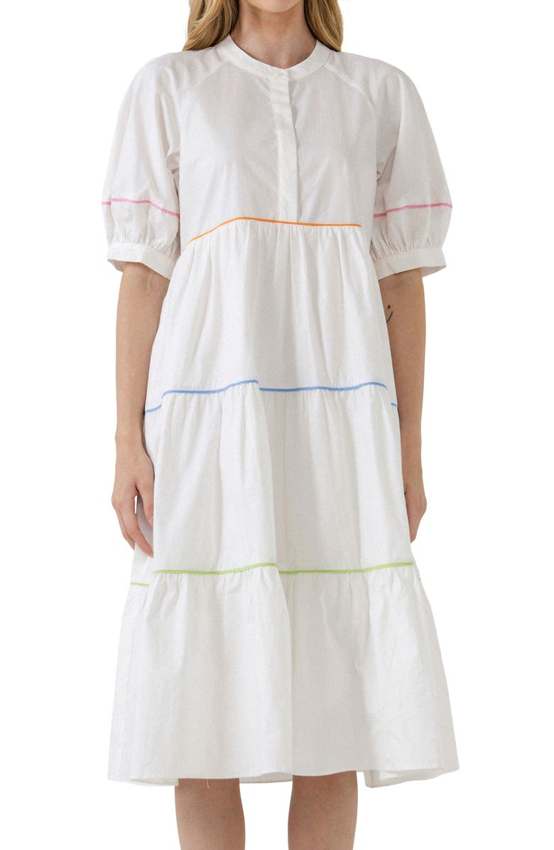 English Factory Tiered Puff Sleeve Cotton Midi Dress, Alternate, color, 