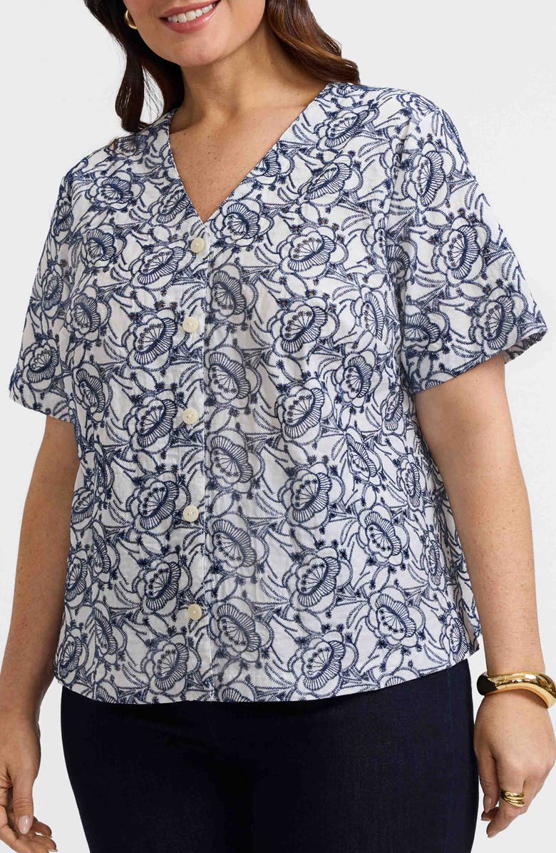 Foxcroft Isabel Floral Embroidered Cotton Button-Up Shirt, Main, color, White/ Navy