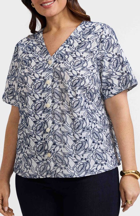 Isabel Floral Embroidered Cotton Button-Up Shirt (Plus)