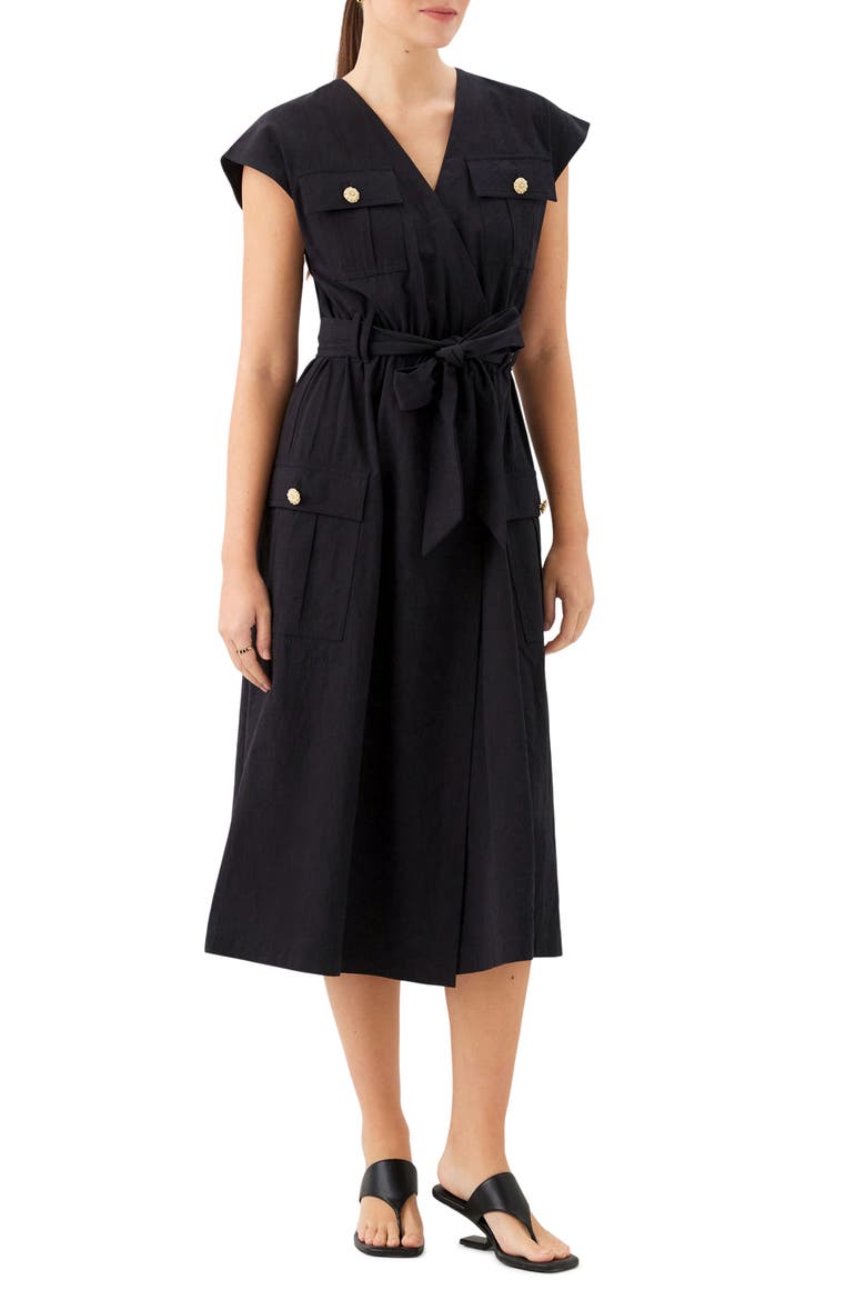 Darcie Belted Cotton Midi Dress, Alternate, color, BLACK
