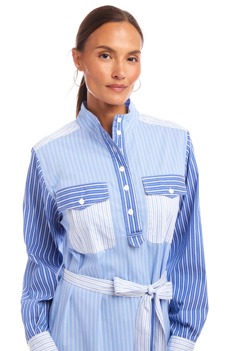 Karen Kane Mixed Stripe Belted Long Sleeve Shirtdress, Alternate, color, Blue Stripe