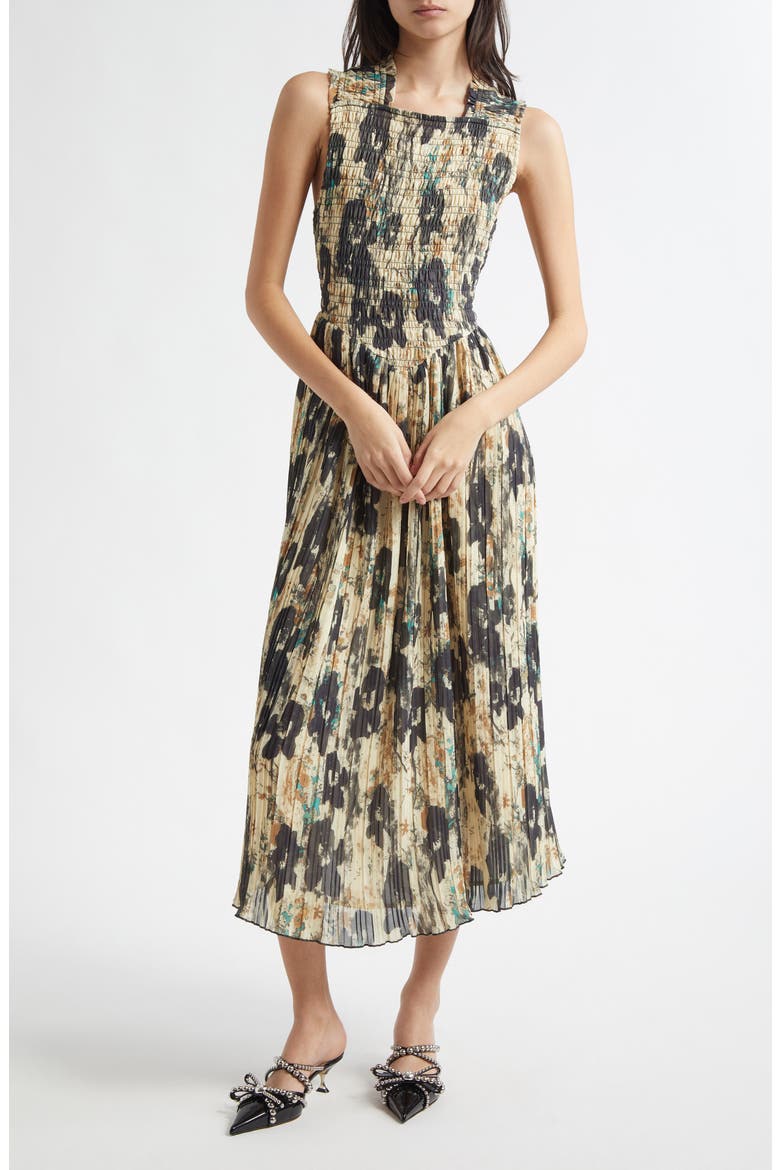 Floral Print Smocked & Pleated Midi Dress, Main, color, AFTERGLOW