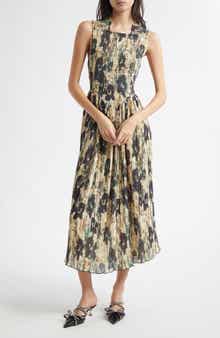Ganni Floral Print Smocked & Pleated Midi Dress