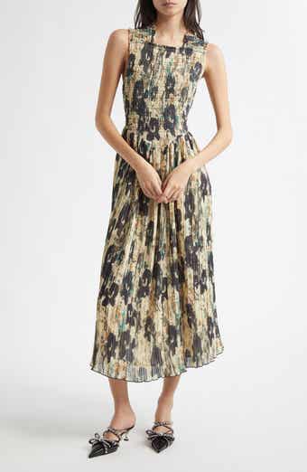 Ganni Floral Print Smocked & Pleated Midi Dress