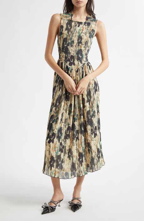 Ganni Floral Print Smocked & Pleated Midi Dress