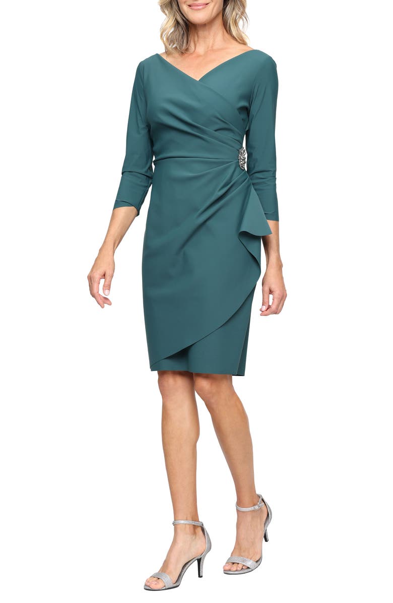 Alex Evenings Contour Collection Embellished Ruched Sheath Cocktail Dress, Main, color, Pine