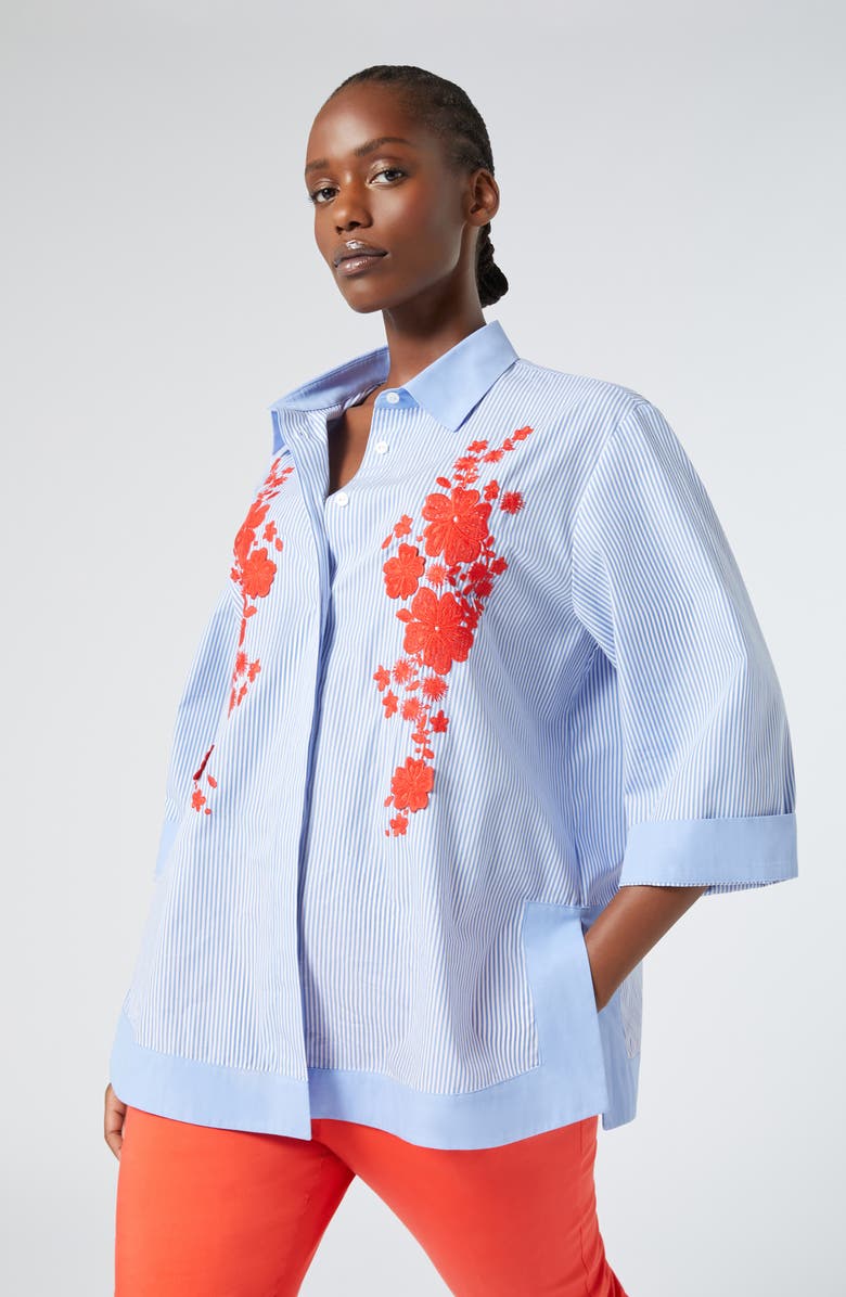 Marina Rinaldi Gela Embroidered Cotton Button-Up Shirt, Alternate, color, Optical White