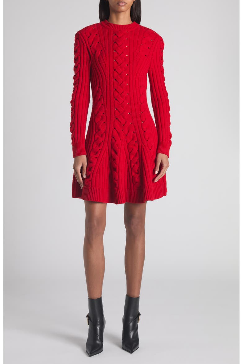 Long Sleeve Cable Knit Wool & Cashmere Mini Sweater Dress, Main, color, POPPY RED