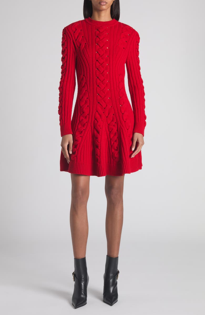 McQueen Long Sleeve Cable Knit Wool & Cashmere Mini Sweater Dress, Main, color, Poppy Red