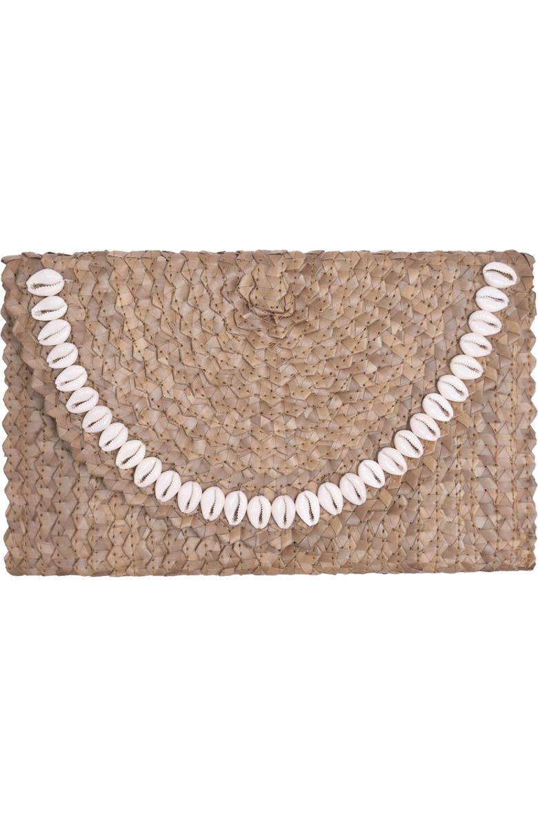 Jelavu Coco Seashell Trim Raffia Clutch, Main, color, Natural