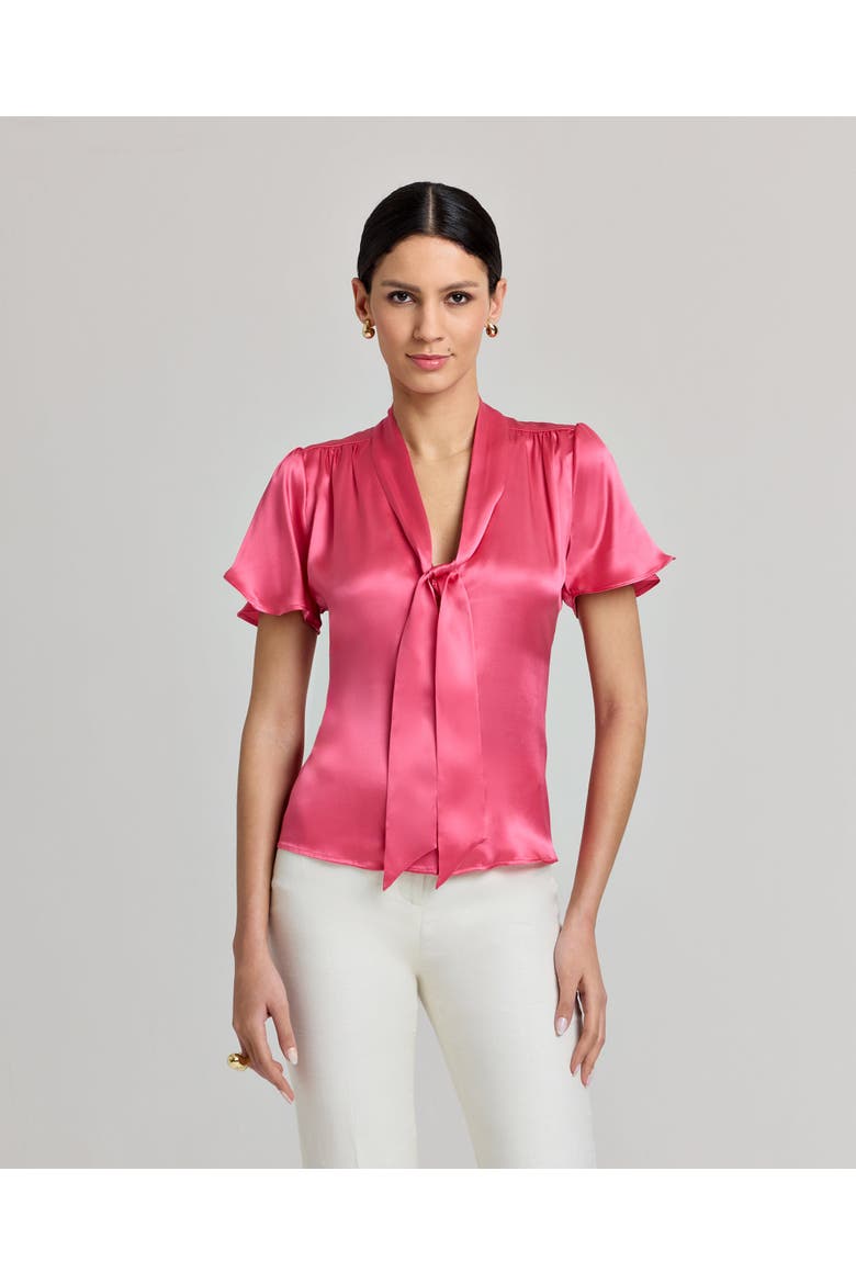 Celeste Liberty Silk Satin Tie Neck Blouse, Main, color, Coral