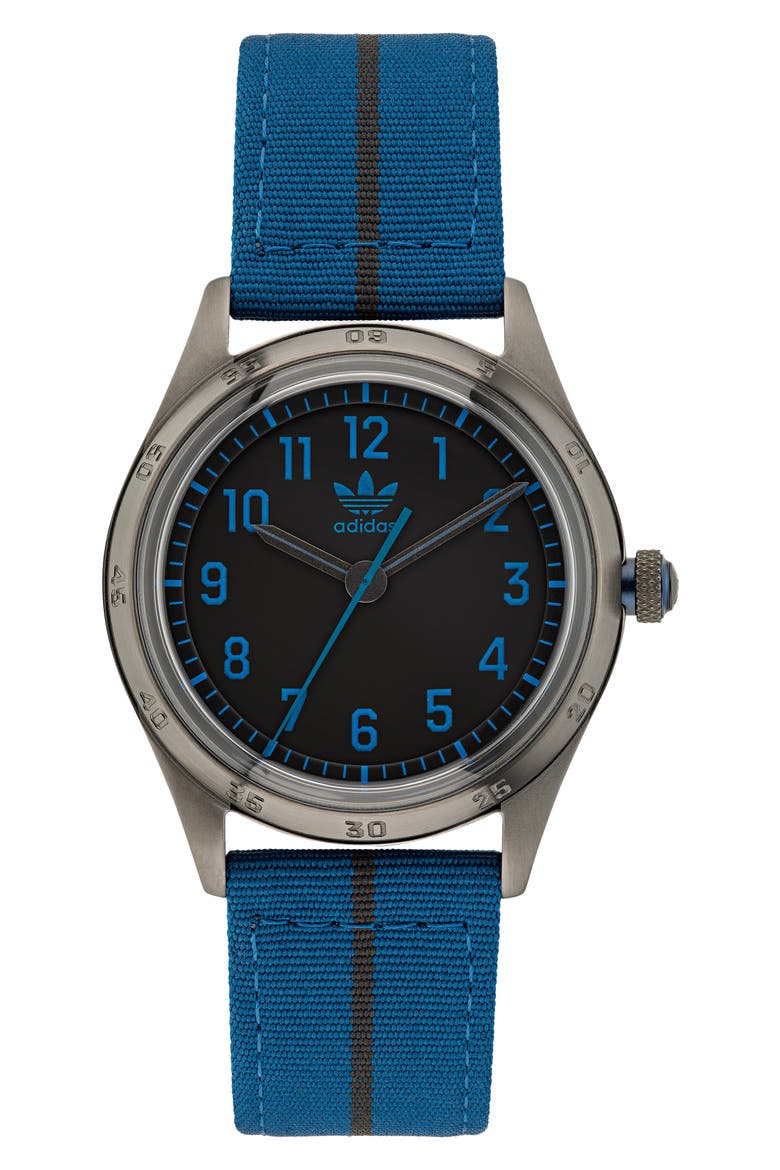 Code Four Nylon Strap Watch, 42mm, Main, color, GUNMETAL/ BLUE/ BLUE