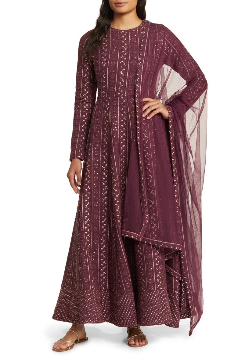 Samud Embroidered Long Sleeve Anarkali with Dupatta, Main, color, TAWNY PORT