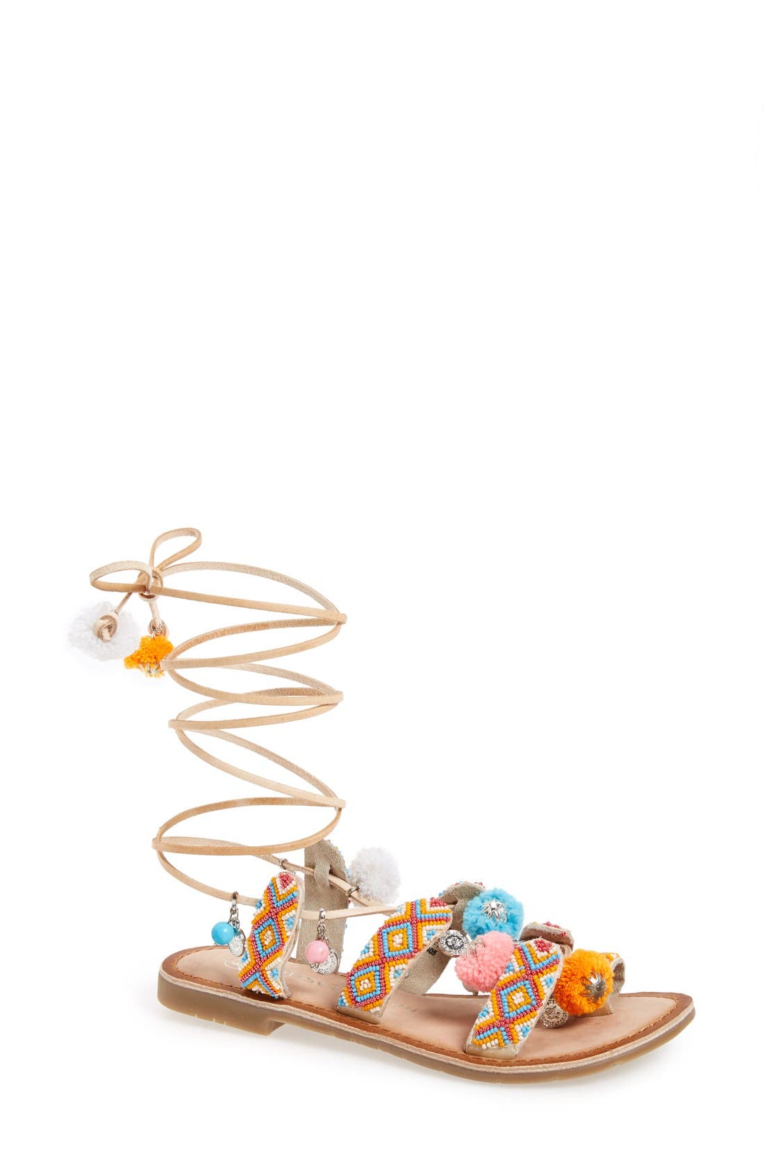 'Posh' Embellished Lace-Up Sandal, Main, color, BUFF LEATHER