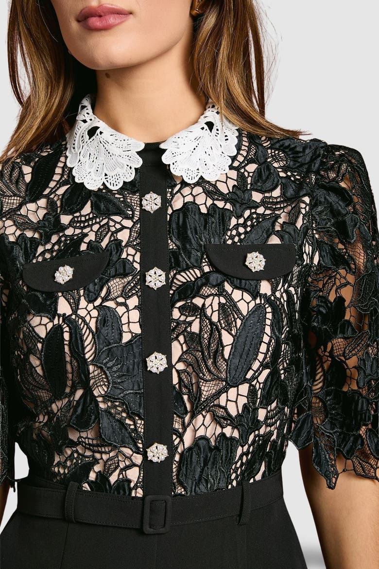 Lace Shirt Short Sleeve Jumpsuit, Alternate, color, Mono