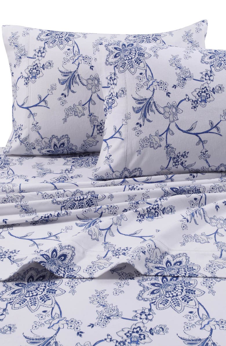 AZORES HOME Floral Cotton Flannel Sheet Set, Alternate, color, White/ Blue Floral