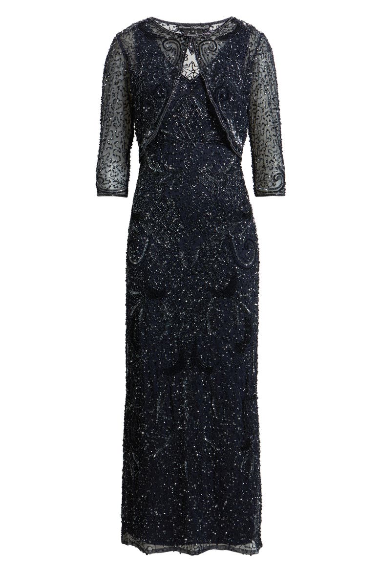 Beaded Sequin Embellished Mesh Column Gown with Jacket, Alternate, color, NAVY