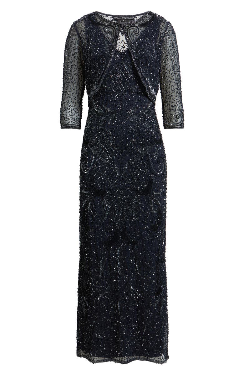 Pisarro Nights Beaded Sequin Embellished Mesh Column Gown with Jacket, Alternate, color, Navy