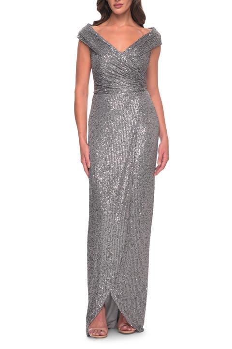 Sequin Long Evening Dress with Ruching and V Neck
