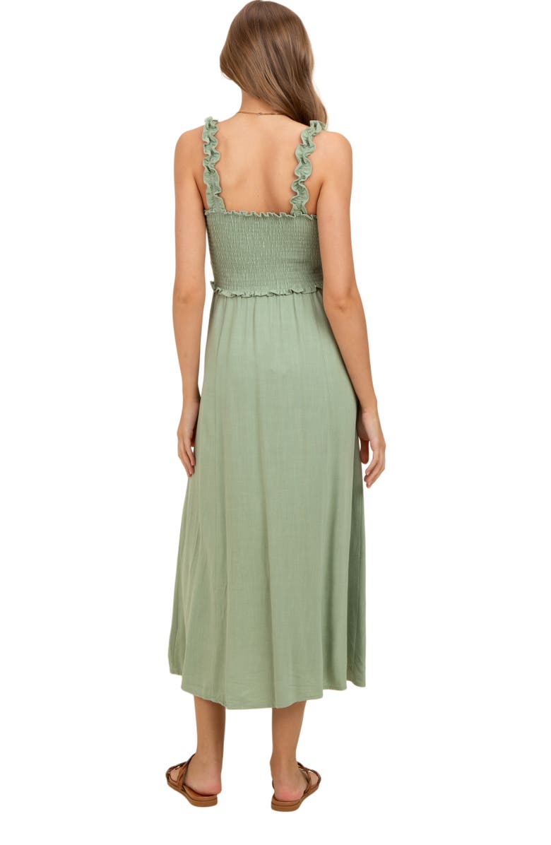 PinkBlush Smocked Button Front Linen Blend Midi Dress, Alternate, color, Light Olive