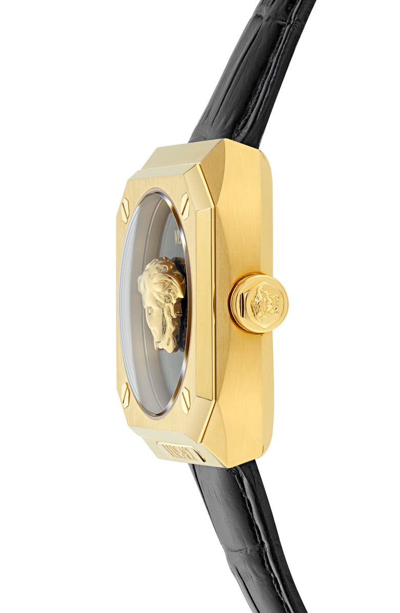 Versace Antares Leather Strap Watch, 35mm, Alternate, color, Yellow Gold