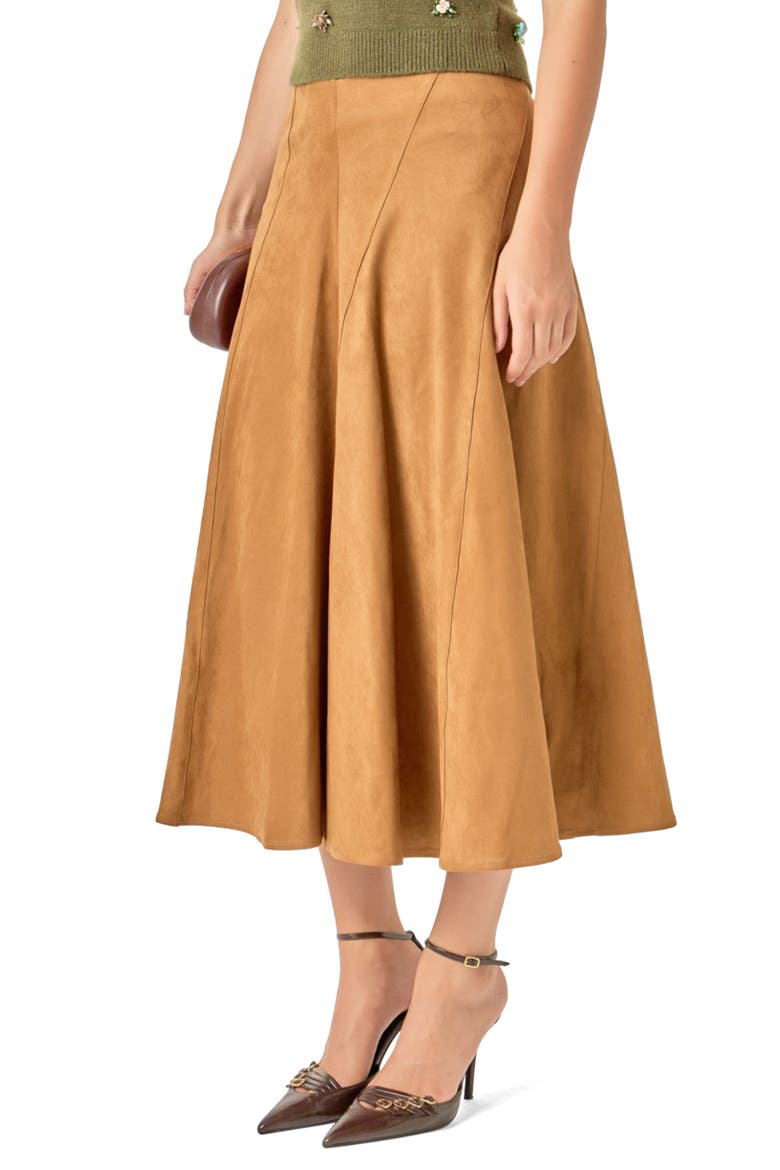 Faux Suede Flared Midi Skirt, Alternate, color, CAMEL
