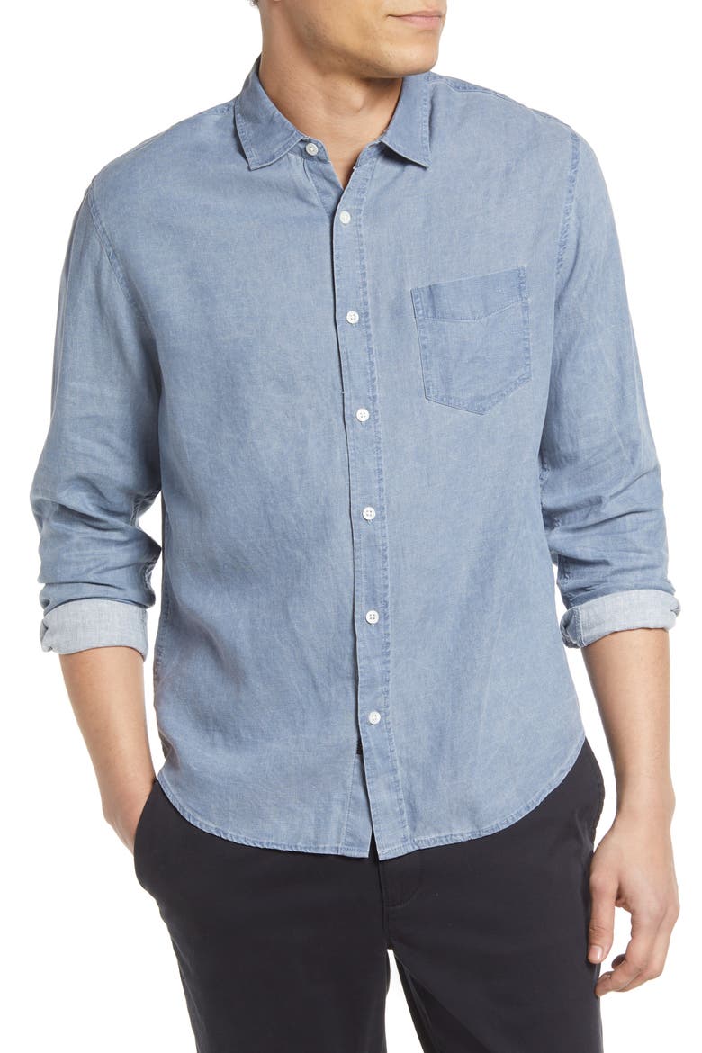 Mykonos Linen Blend Button-Up Shirt, Main, color, AEGEAN
