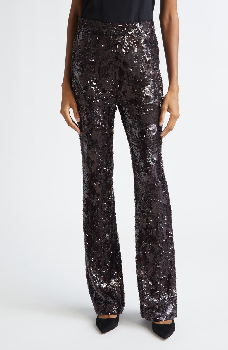 Veronica Beard Collier Sequin Skinny Flare Leg Pants, Main, color, Dark Currant